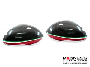 Alfa Romeo Giulia Mirror Covers - Carbon Fiber - Full Replacements - Red Stripe w/ QV Logo